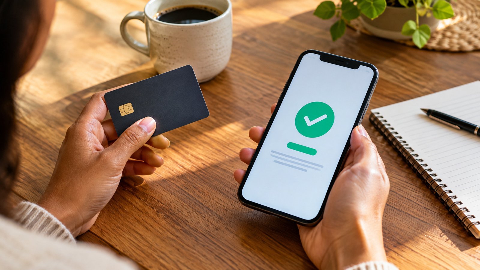 Cartão de crédito de limite baixo ao lado de um celular com a fatura paga, mostrando como o histórico de pagamento ajuda o score a subir