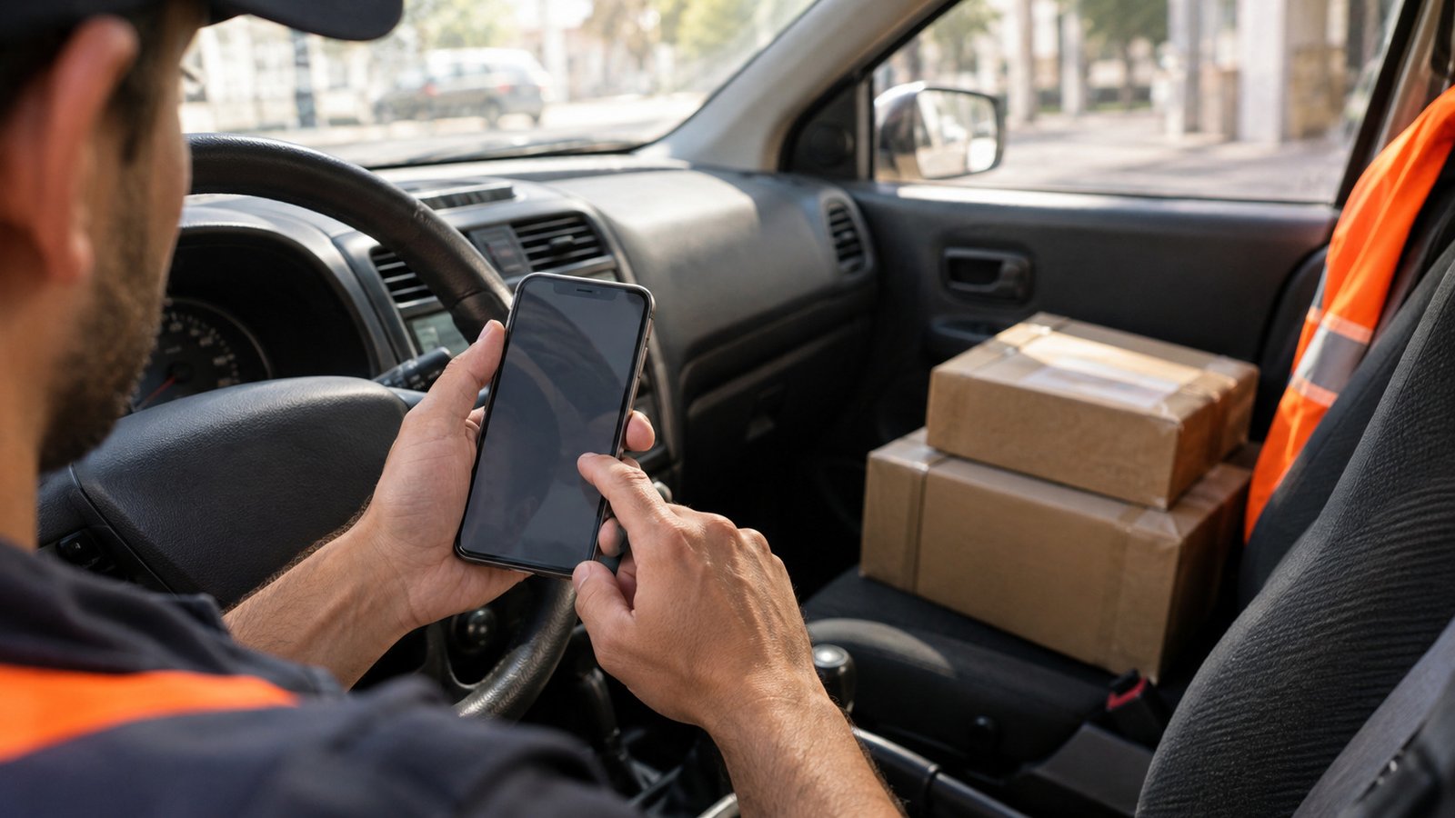 Entregador do Mercado Livre consultando o celular dentro do carro antes de aceitar um percurso do Envios Extra