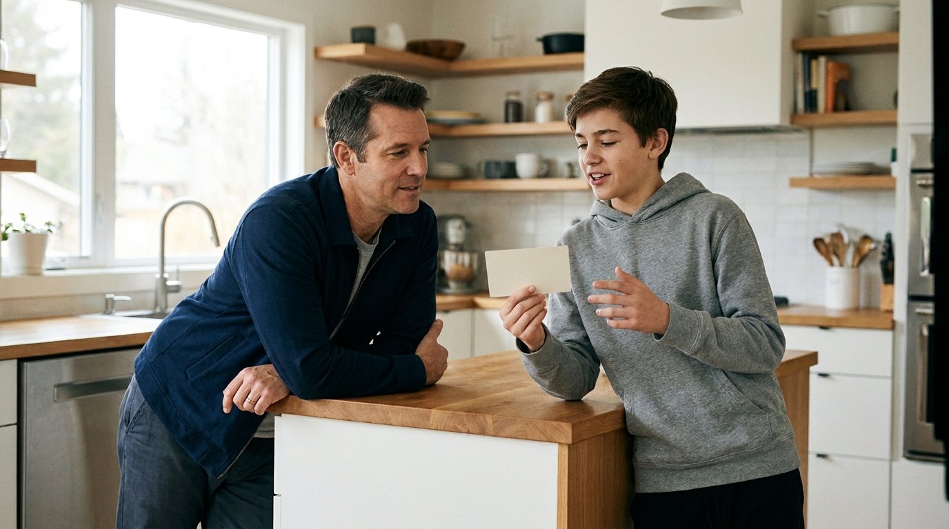 Pai e filho adolescente conversando na cozinha enquanto o jovem segura um cartão de débito