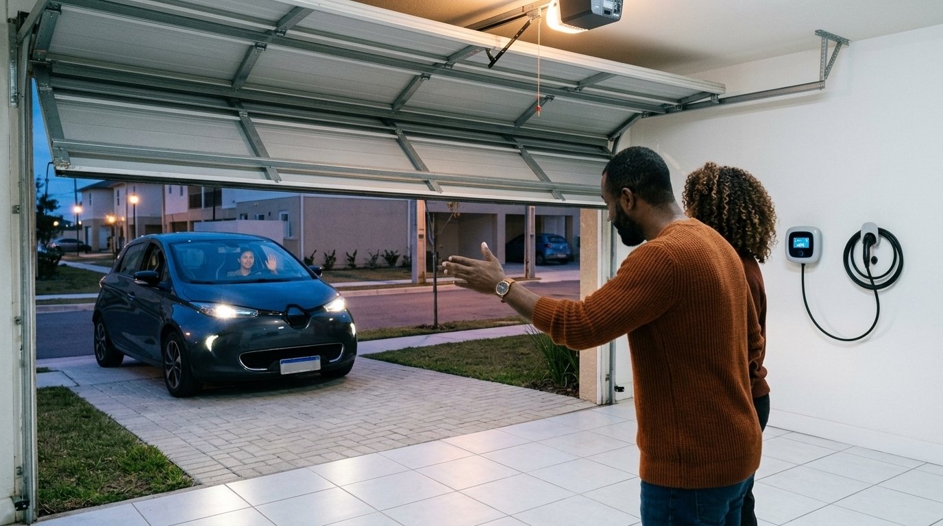 Morador abre o portão da garagem para um motorista que chega com o carro elétrico para carregar