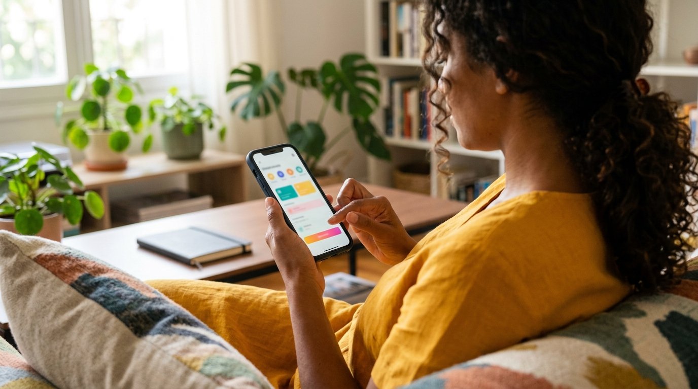 Pessoa no sofá segurando o celular com o dedo parado antes de confirmar, pensando antes de contratar a antecipação do saque-aniversário do FGTS.