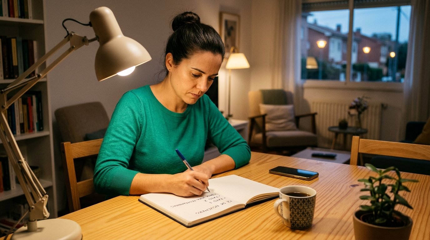 Pessoa sentada à mesa de casa no começo da noite, escrevendo num caderno com expressão firme e concentrada, separando no papel o que aconteceu no trabalho.