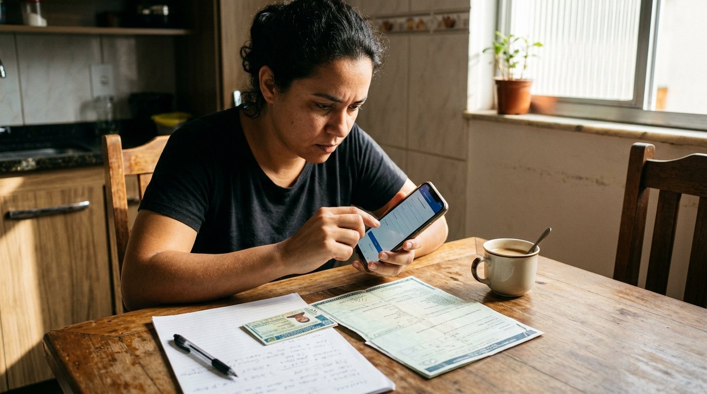 Pessoa à mesa da cozinha conferindo os documentos e preenchendo o cadastro de entregador no aplicativo Envios Extra pelo celular.