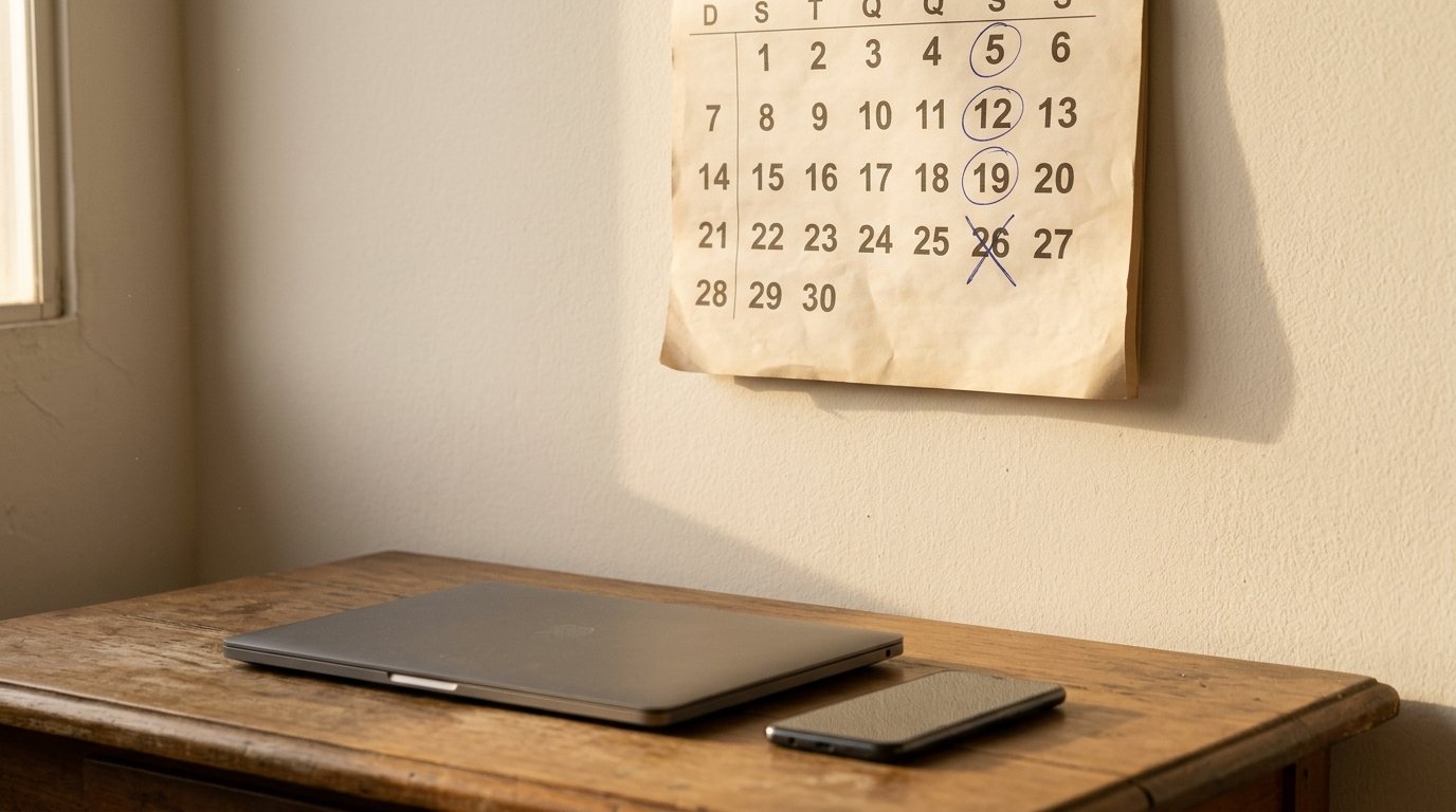 Calendário de parede com alguns dias marcados a caneta e um notebook fechado sobre a mesa ao lado