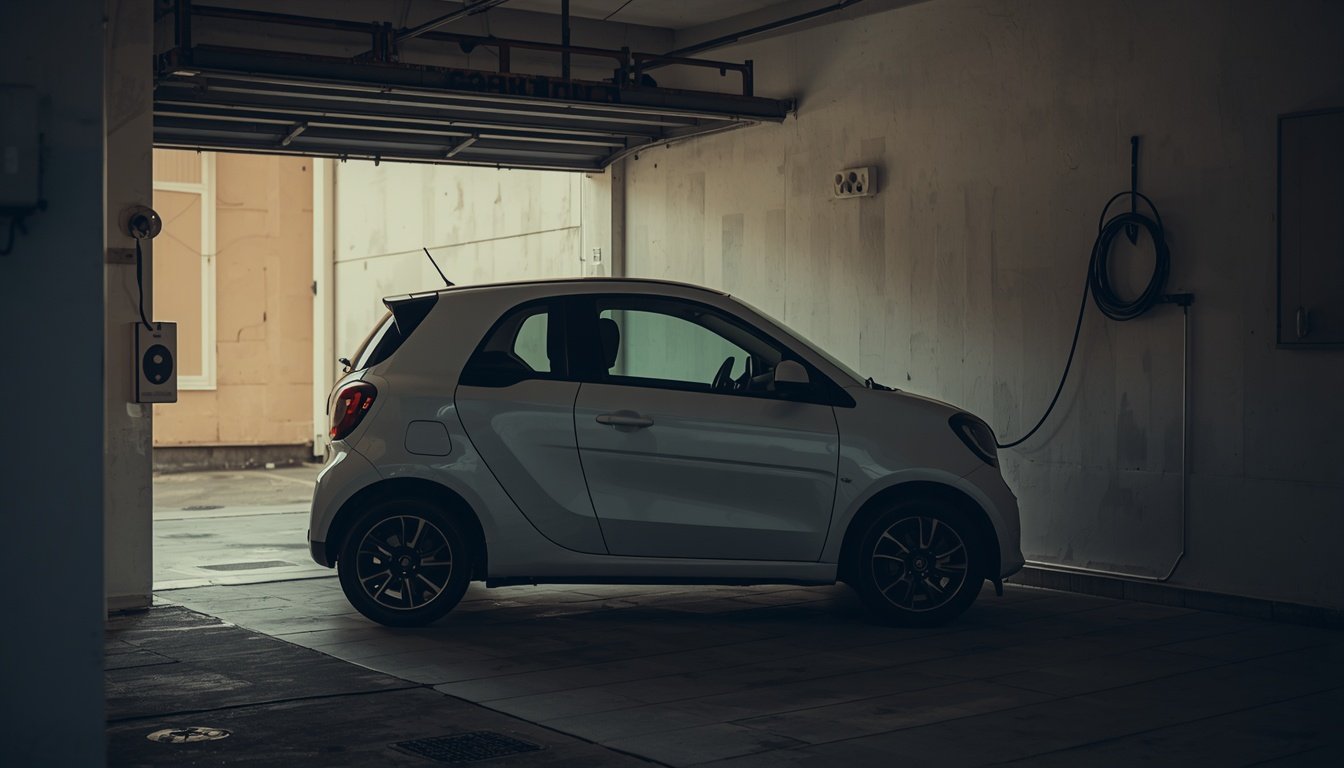 Carro elétrico parado na garagem de casa, sem uso, no período entre um locatário e outro