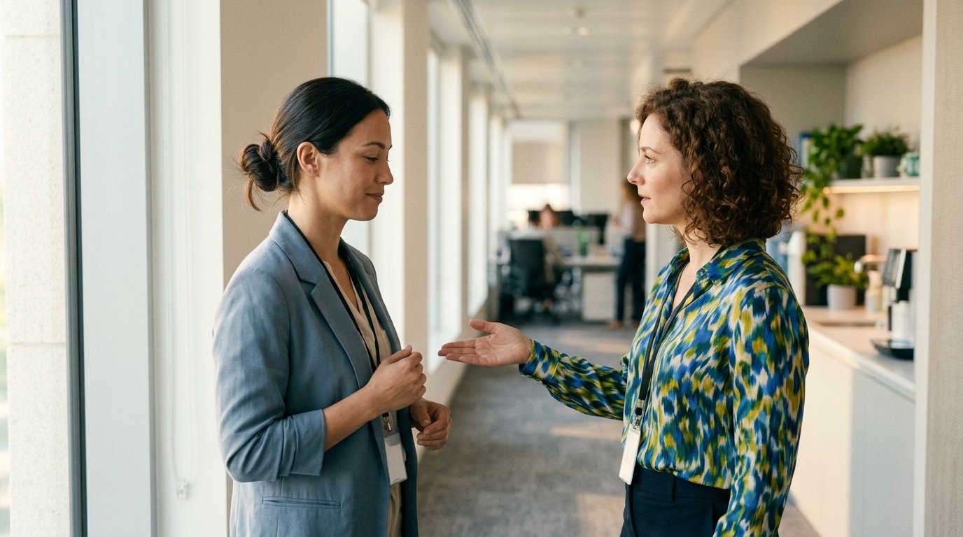 Dois colegas de trabalho conversando num corredor claro do escritório, um deles com a mão estendida num gesto de apoio enquanto o outro escuta com expressão de alívio.