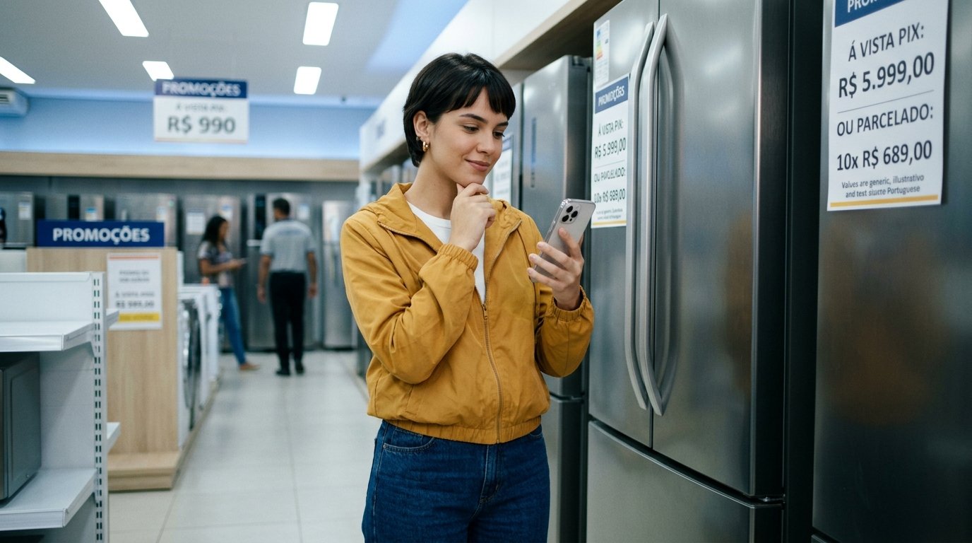 Mulher na loja comparando no celular o preço à vista no Pix com o valor do parcelado antes de comprar