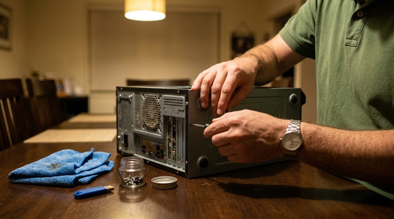 Mãos abrindo a tampa lateral de um gabinete sobre a mesa de jantar durante um atendimento em domicílio