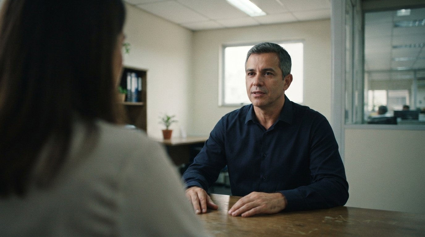 Profissional conversando com o gestor numa pequena sala de trabalho, postura tranquila e segura