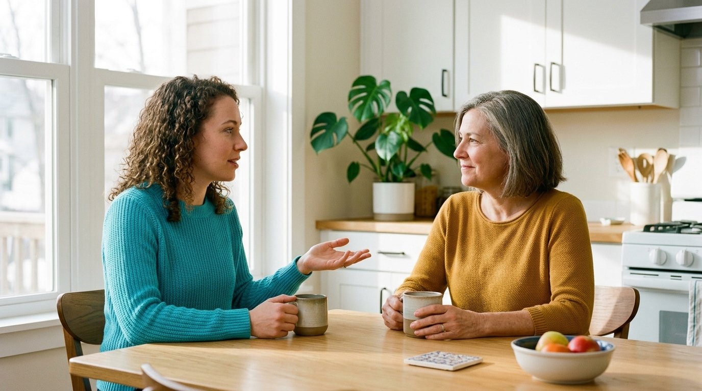 Duas pessoas conversando com tranquilidade à mesa de casa sobre um pedido de dinheiro.