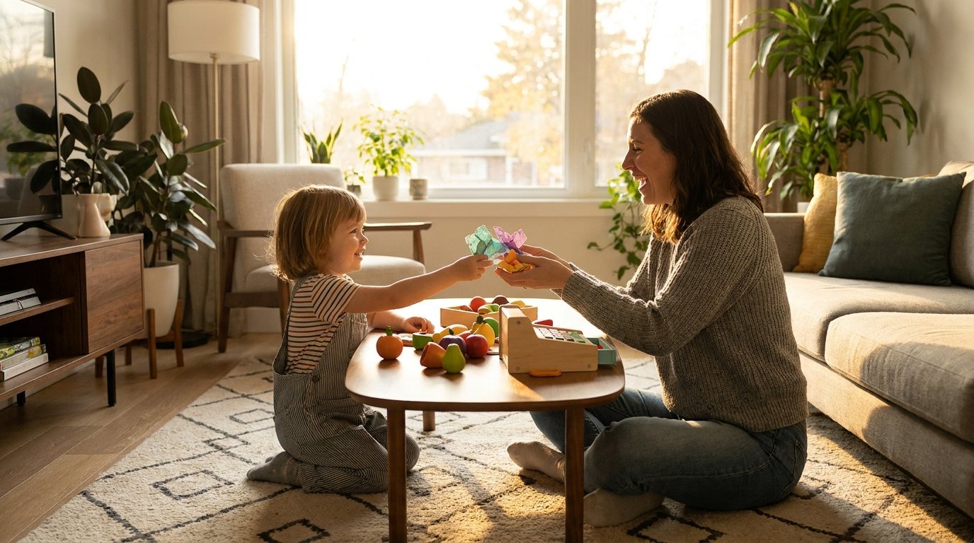 Mãe e filho pequeno brincando de mercadinho na sala, a criança entregando o dinheiro de brinquedo