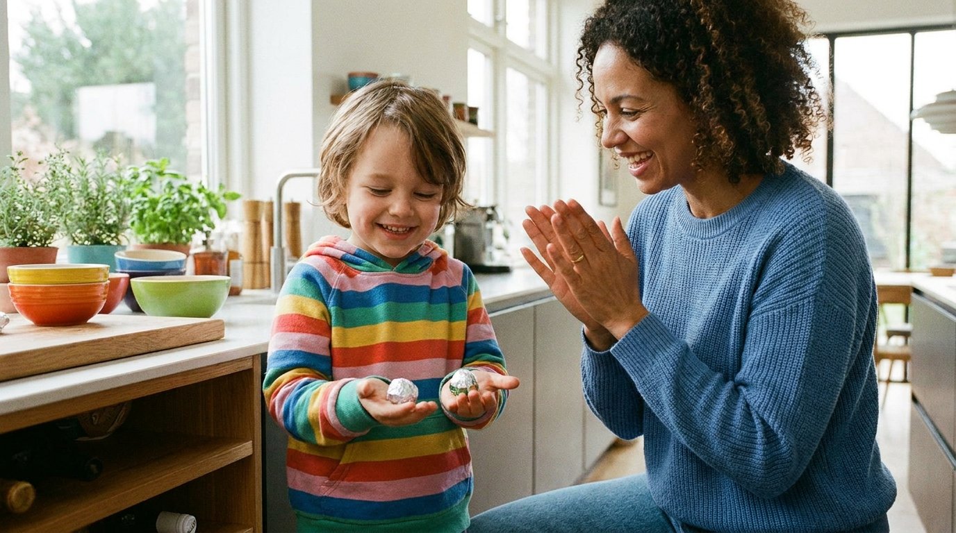 Criança pequena sorrindo ao ganhar dois docinhos depois de esperar, mãe comemorando ao lado