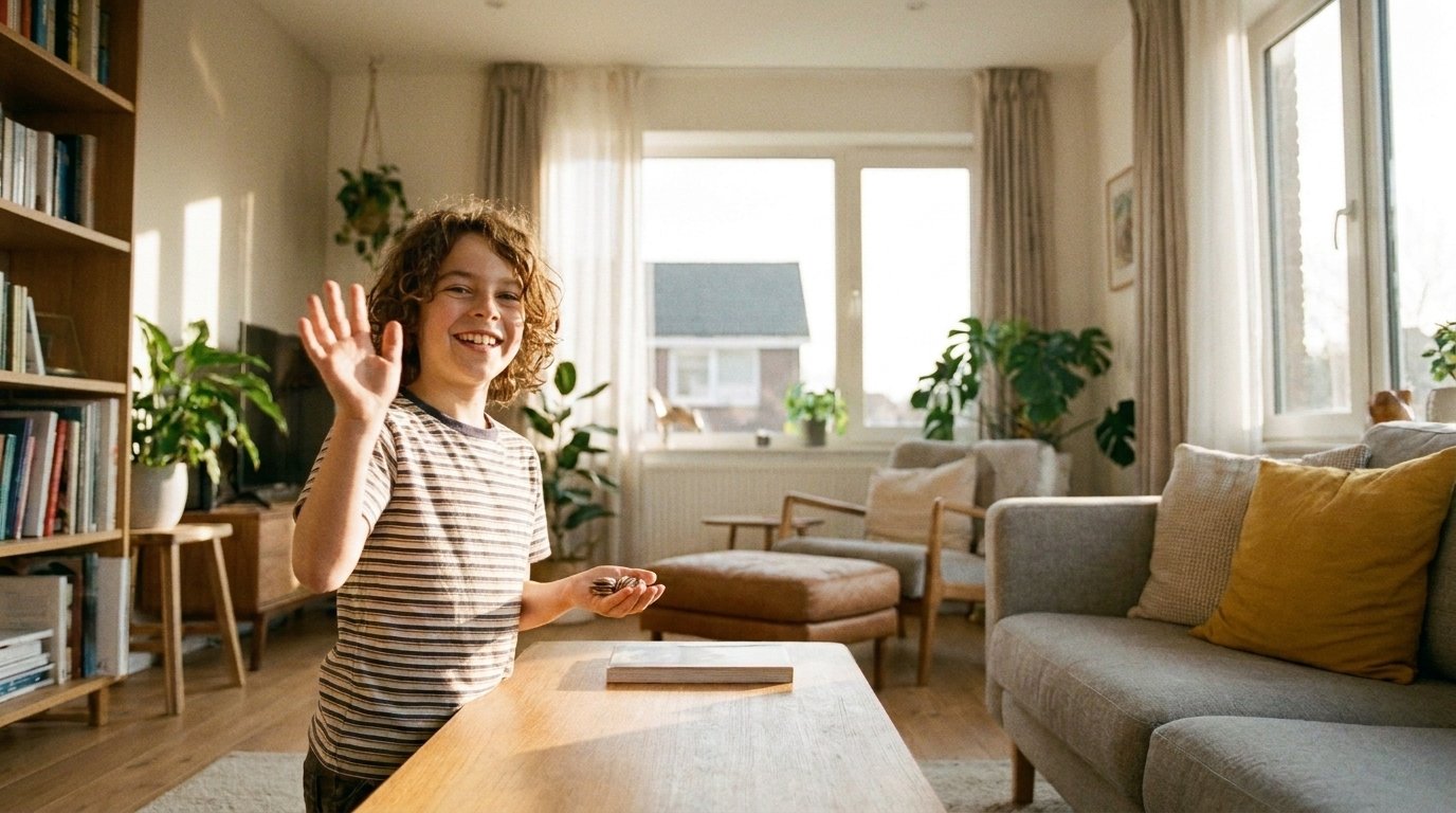 Criança sorrindo ao colocar uma moeda num cofrinho transparente enquanto o pai comemora junto