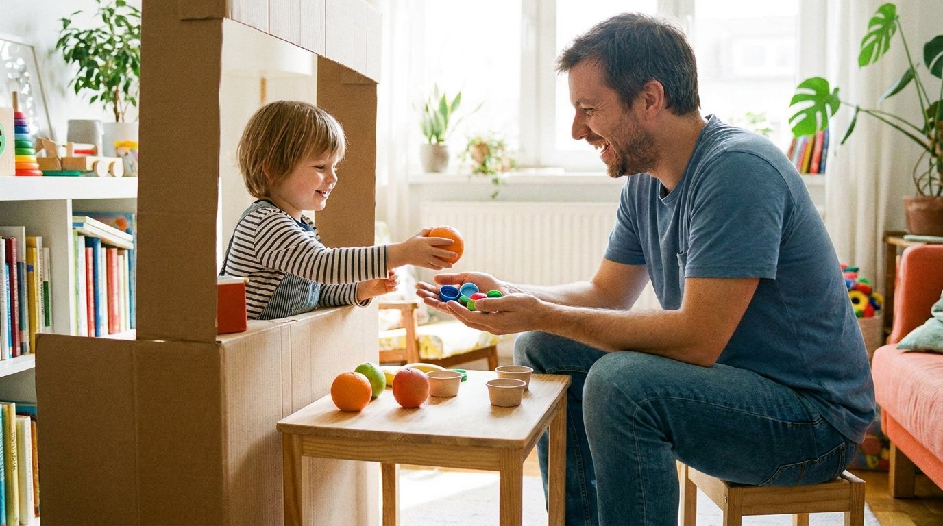 Criança de uns 5 anos brincando de loja em casa, entregando tampinhas como se fossem moedas, pai sentado como cliente
