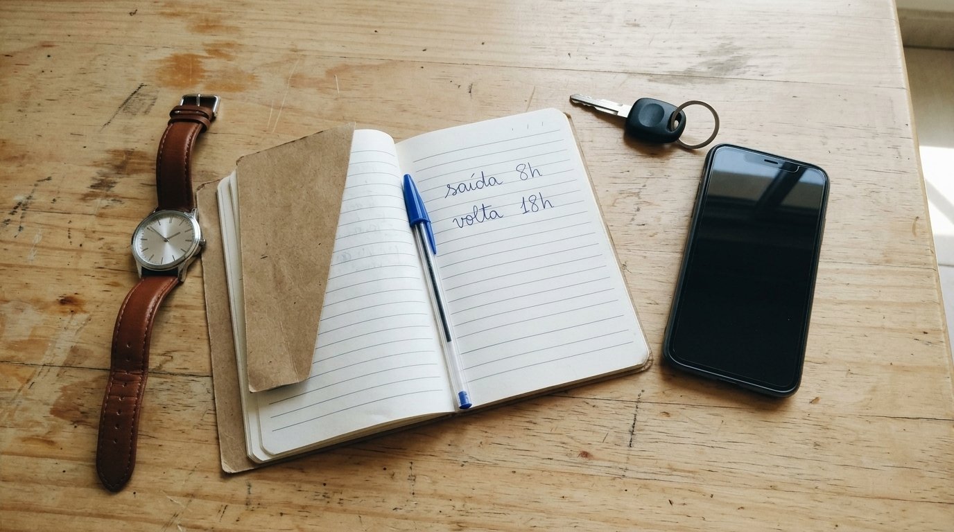 cronometro-hora-util-entregador Relógio e caderno com anotação de horário de saída e de retorno de uma rota de entrega