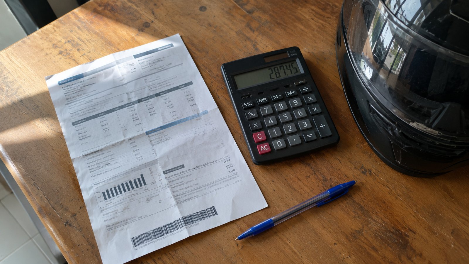 Guia do DAS do MEI e calculadora sobre a mesa, com capacete de entregador ao lado