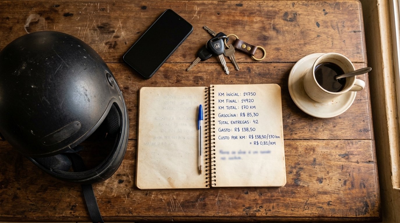 Caderno com conta de quilômetros e valores em reais ao lado de capacete e celular sobre mesa de madeira