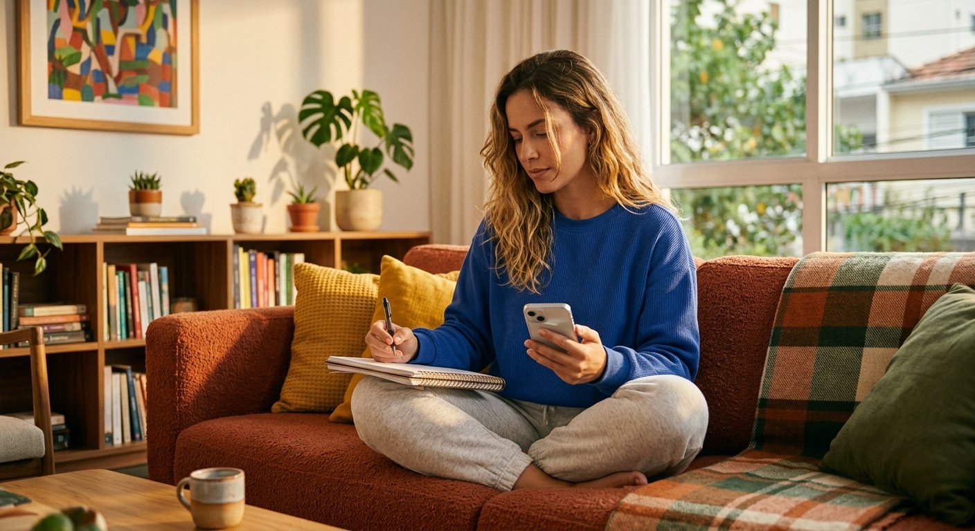 Mulher sentada no sofá da sala com um caderno no colo e o celular na mão, anotando o que vai fazer com o 13º salário