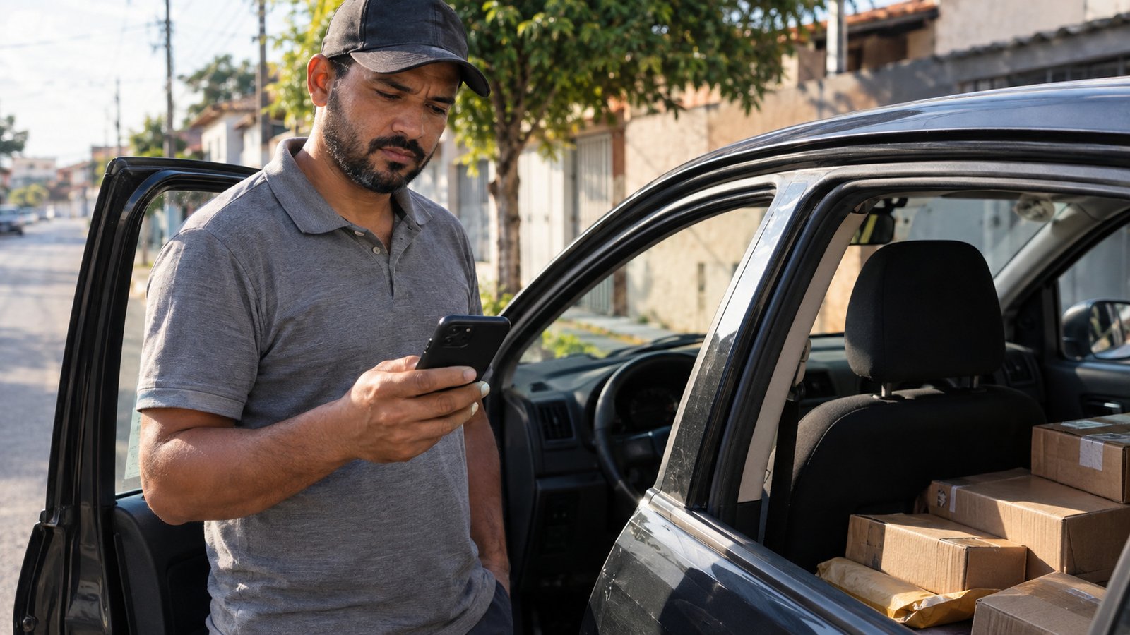Entregador conferindo no celular as rotas da Shopee e do Mercado Livre antes de sair para trabalhar