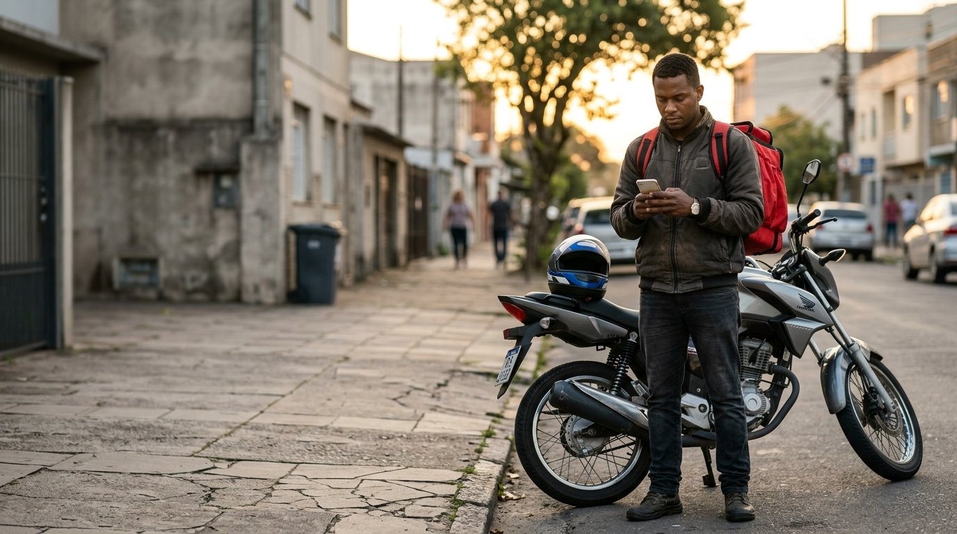 Entregador de aplicativo sentado na moto parada ao fim da tarde conferindo os ganhos do dia no celular