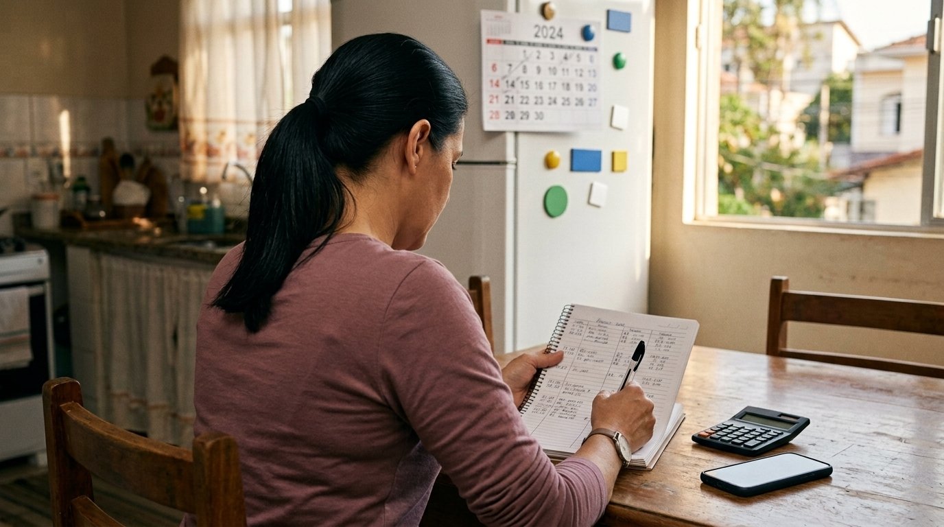 Entregadora sentada à mesa da cozinha organizando os ganhos da semana em um caderno de contas