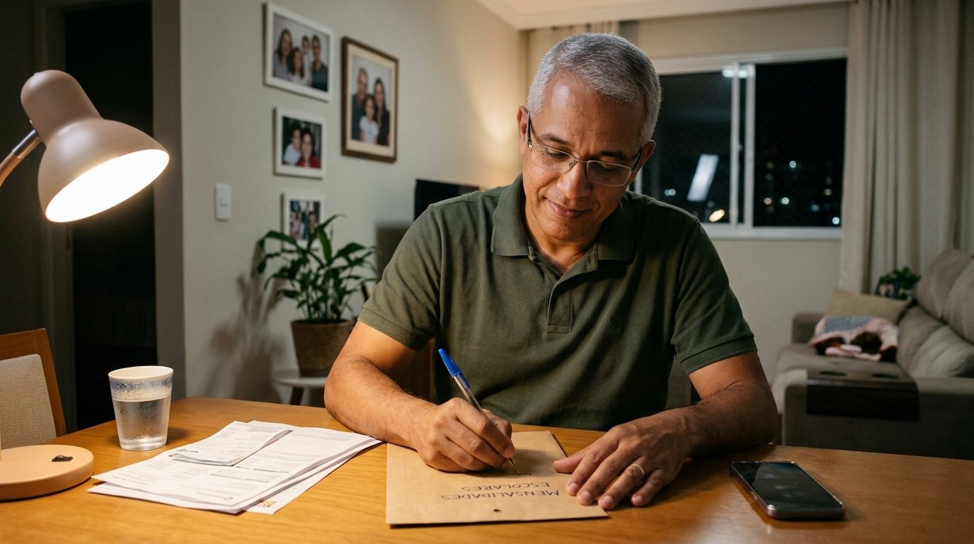 Homem mais velho em casa à noite escrevendo contas fixas num envelope de papel, sob a luz de uma luminária
