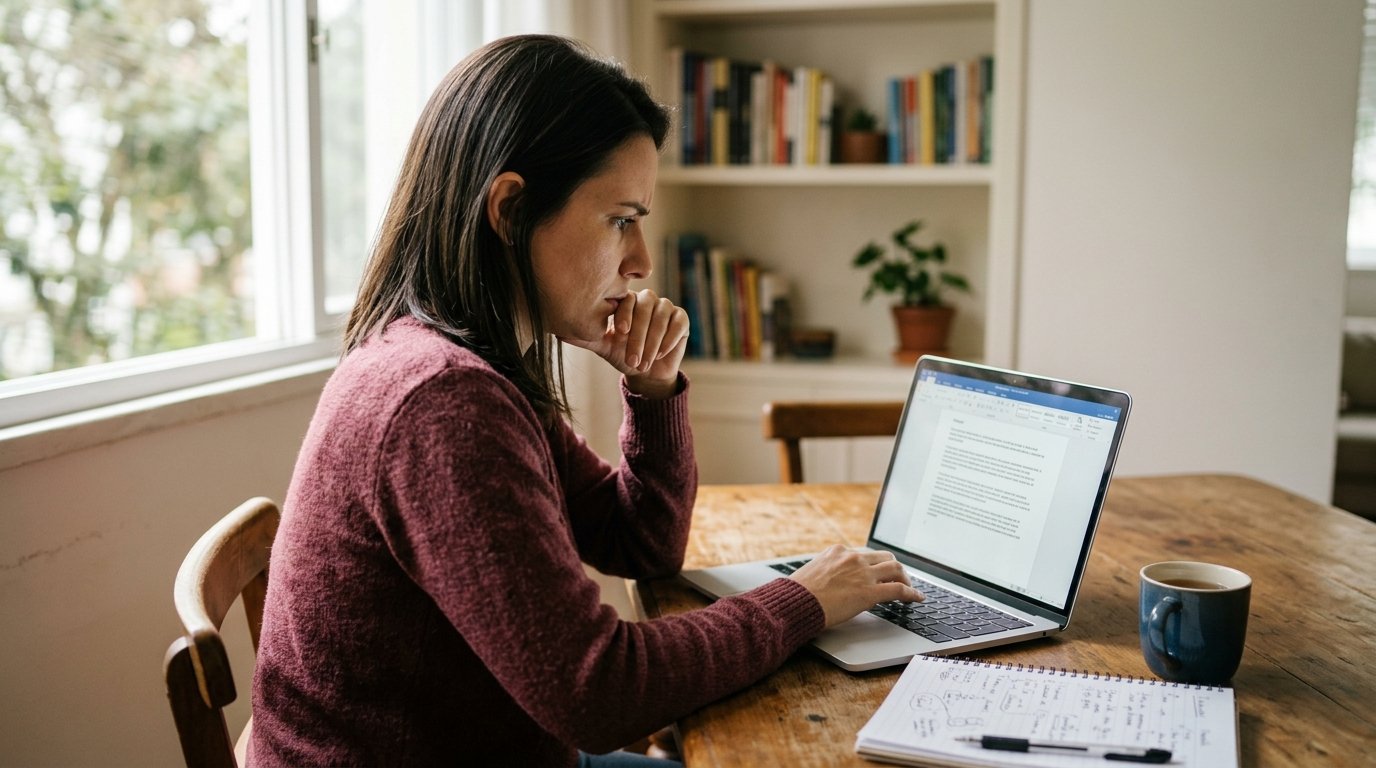 Mulher sentada à mesa de casa escrevendo uma proposta no notebook, com a tela mostrando um formulário de texto
