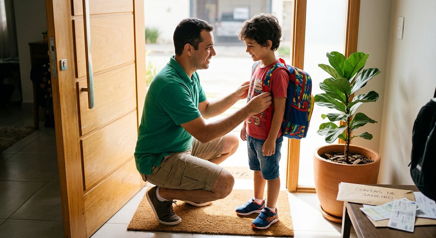 Mãe e filho na porta de casa de manhã com a mochila escolar, começando o ano com as contas de janeiro já separadas