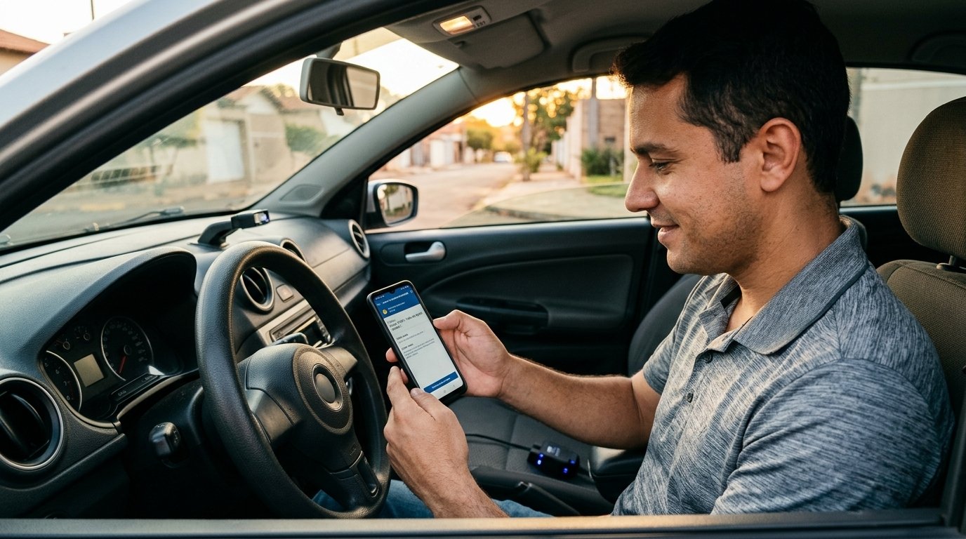 Scanner OBD2 ligado na porta do carro e o código da falha aparecendo na tela do celular