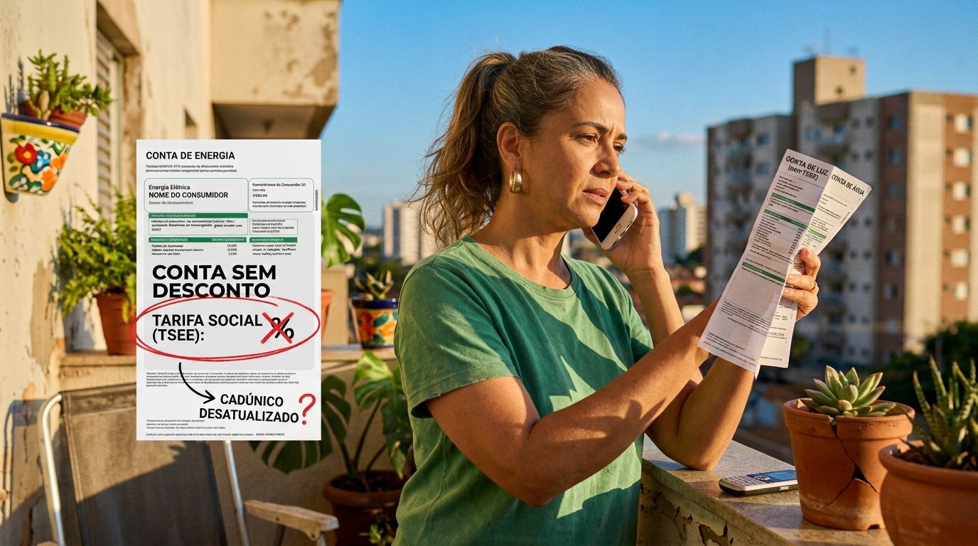 Mulher na varanda de casa falando ao telefone com a distribuidora para resolver a titularidade da conta