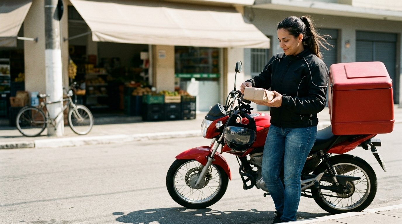 Entregadora de motofrete organiza a entrega para um comércio do bairro antes de sair