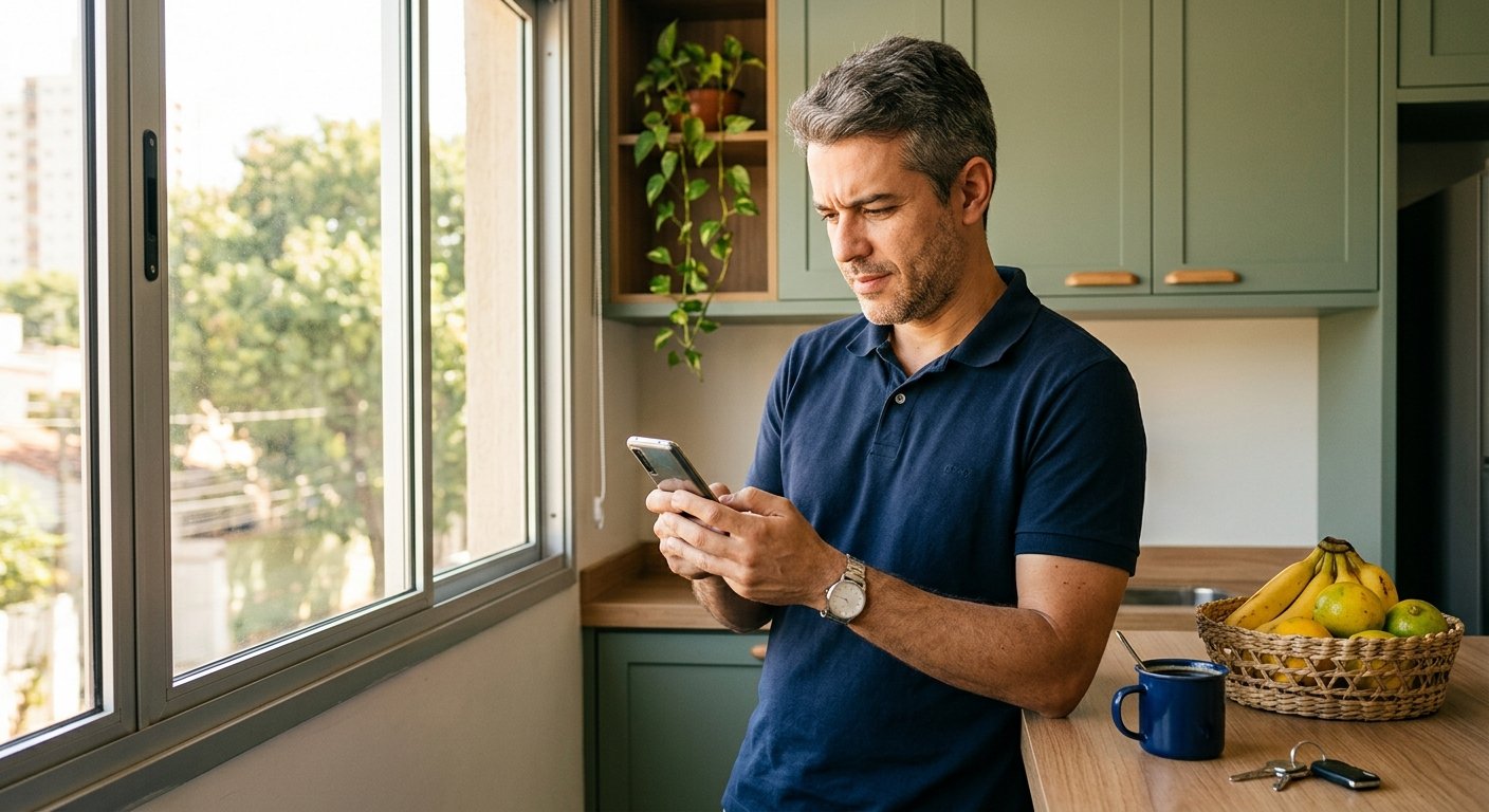 Homem em pé na cozinha conferindo as propostas de dívida no celular antes de fechar a negociação