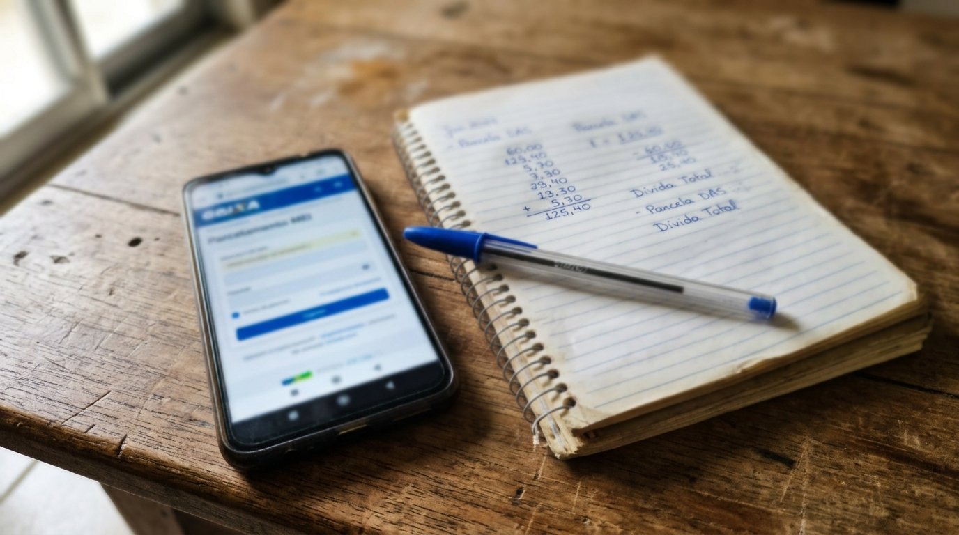 Tela de celular com portal de parcelamento aberto ao lado de um caderno com contas anotadas à mão