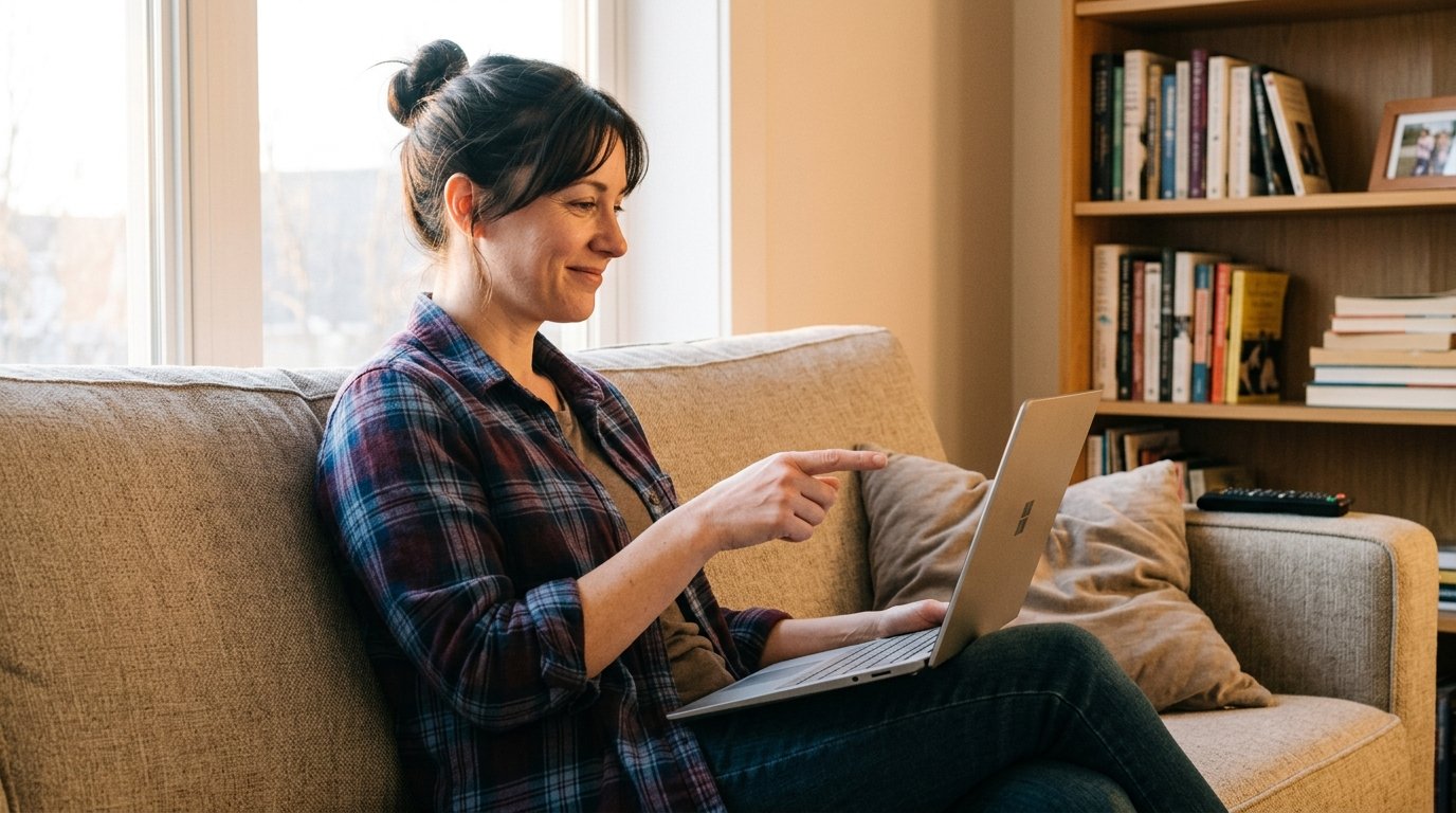 Pessoa adulta sentada no sofá com o notebook no colo, apontando para a tela com expressão de alívio no fim da tarde