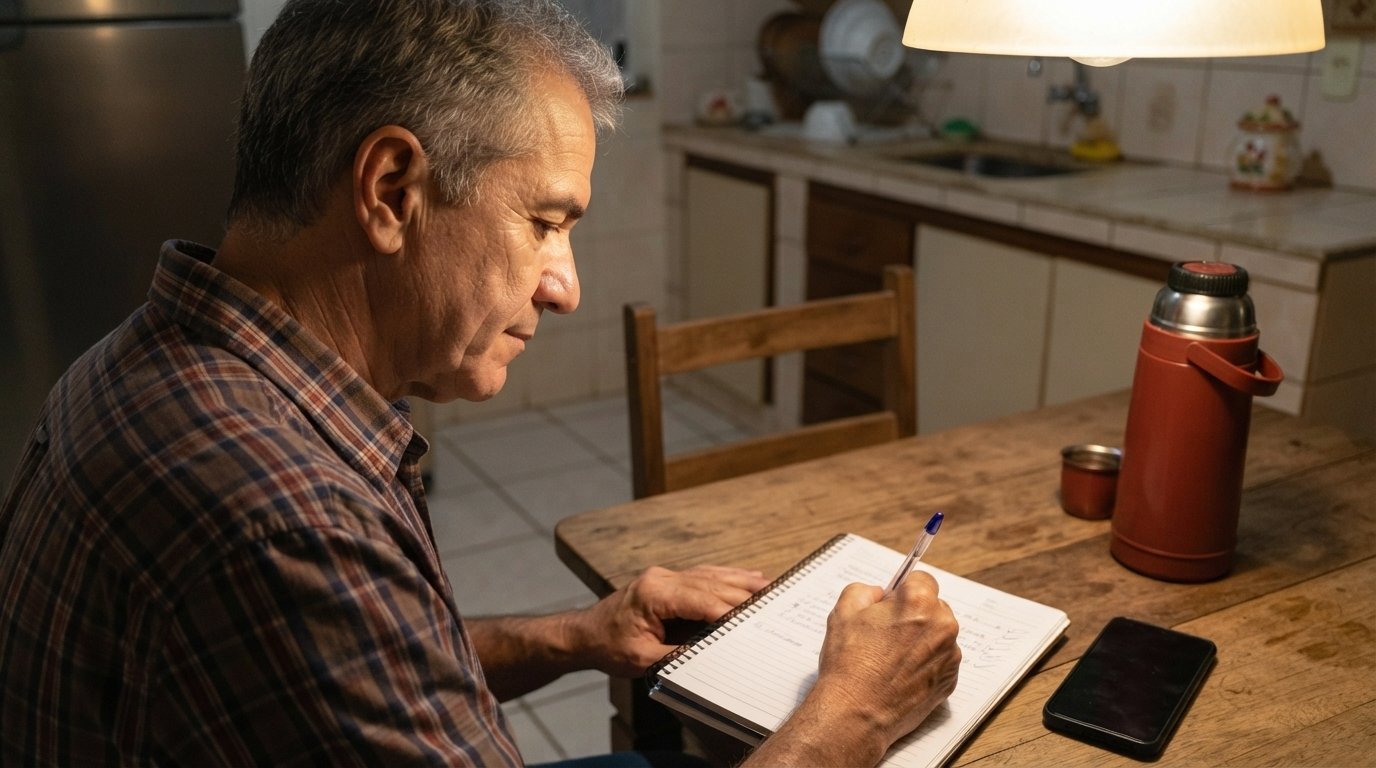Homem planejando o dia seguinte num caderno, à noite, na cozinha de casa