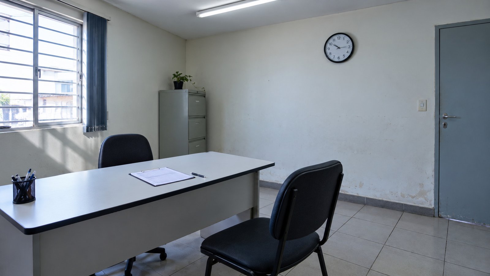 Sala de clínica credenciada do Detran com mesa, formulário de avaliação psicológica e cadeira