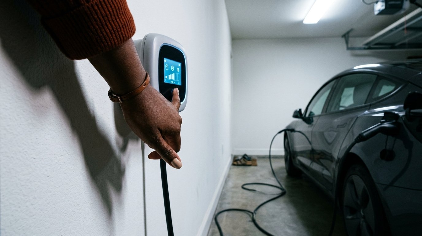 Mão ajustando o horário de início da recarga no painel do carregador de parede durante a noite