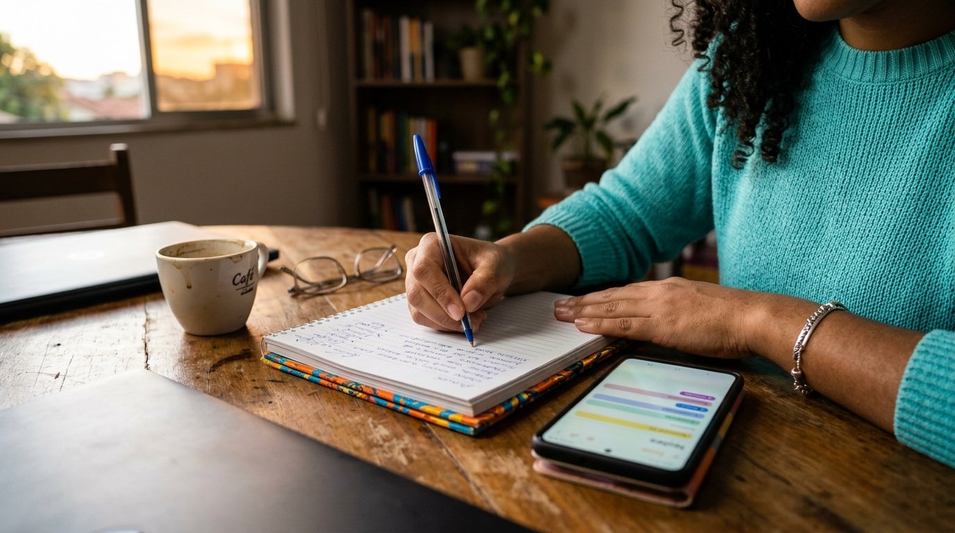 Mão anotando num caderno sobre a mesa, ao lado do celular aberto nas notas, registrando uma entrega de trabalho no fim do dia.