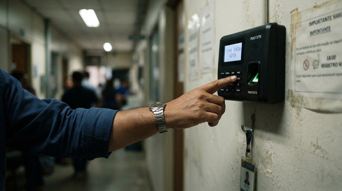 Trabalhador batendo o ponto no fim do expediente