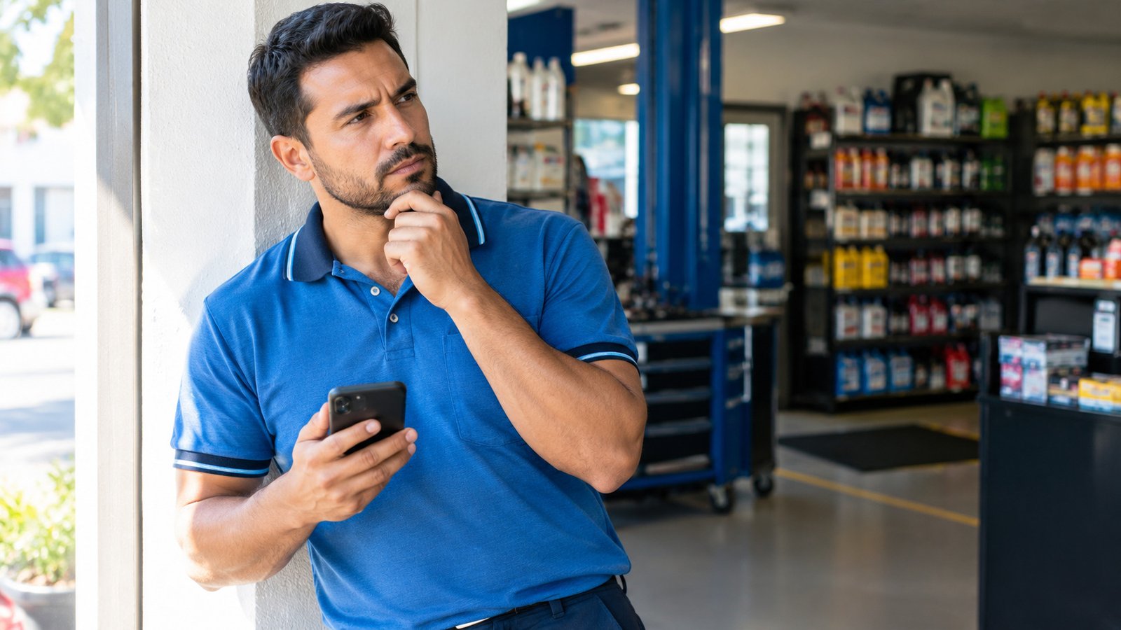 Trabalhador de uniforme no intervalo do serviço, segurando o celular e pensando se vale aderir ao saque-aniversário do FGTS.