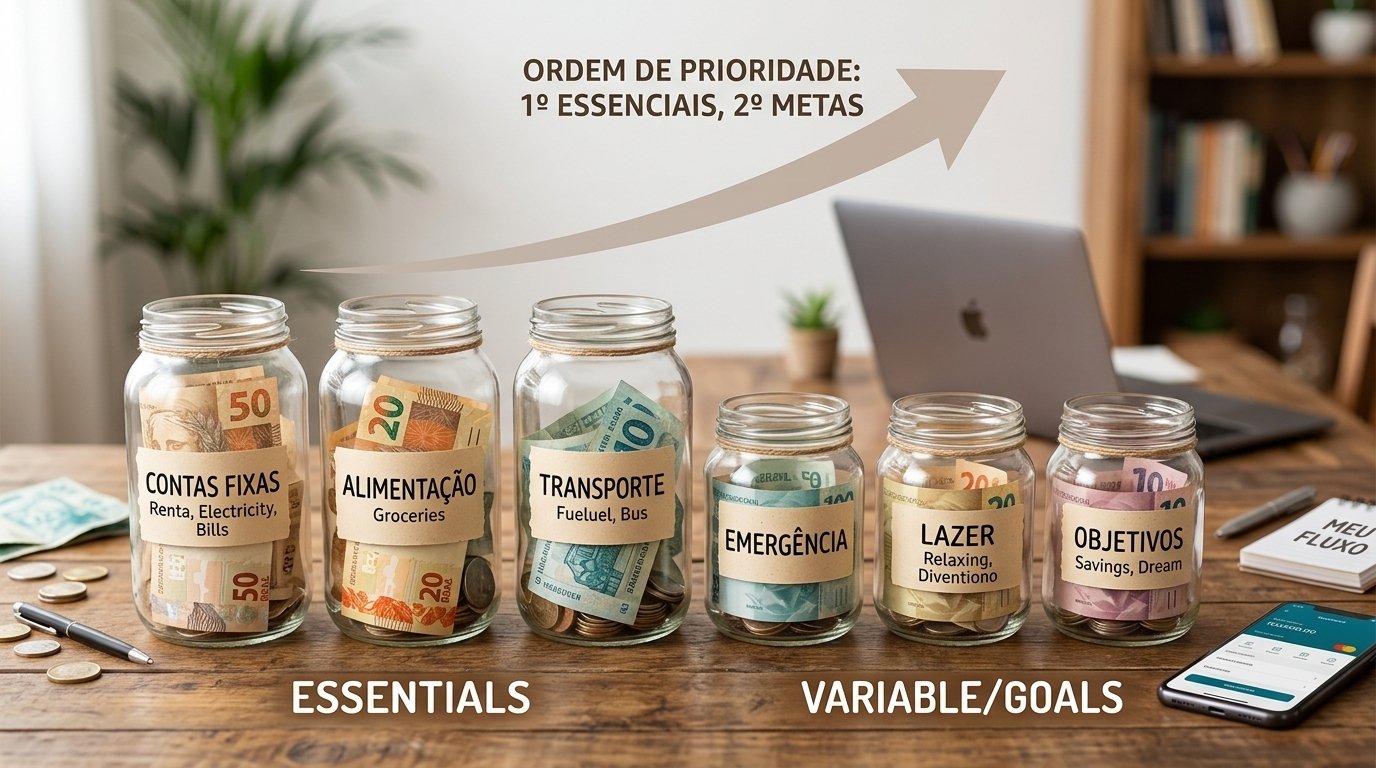 Mãos dividindo uma quantia modesta de dinheiro entre dois potes de vidro com etiquetas escritas à mão, sobre a mesa