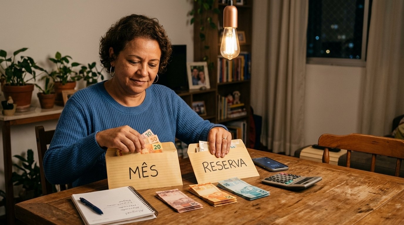 Mulher mais velha à mesa de casa à noite separando o dinheiro em dois envelopes, um do mês e outro da reserva