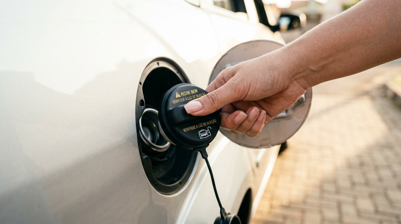 Pessoa abastecendo e fechando o tanque do carro, cenário da luz da injeção que acende por combustível ruim