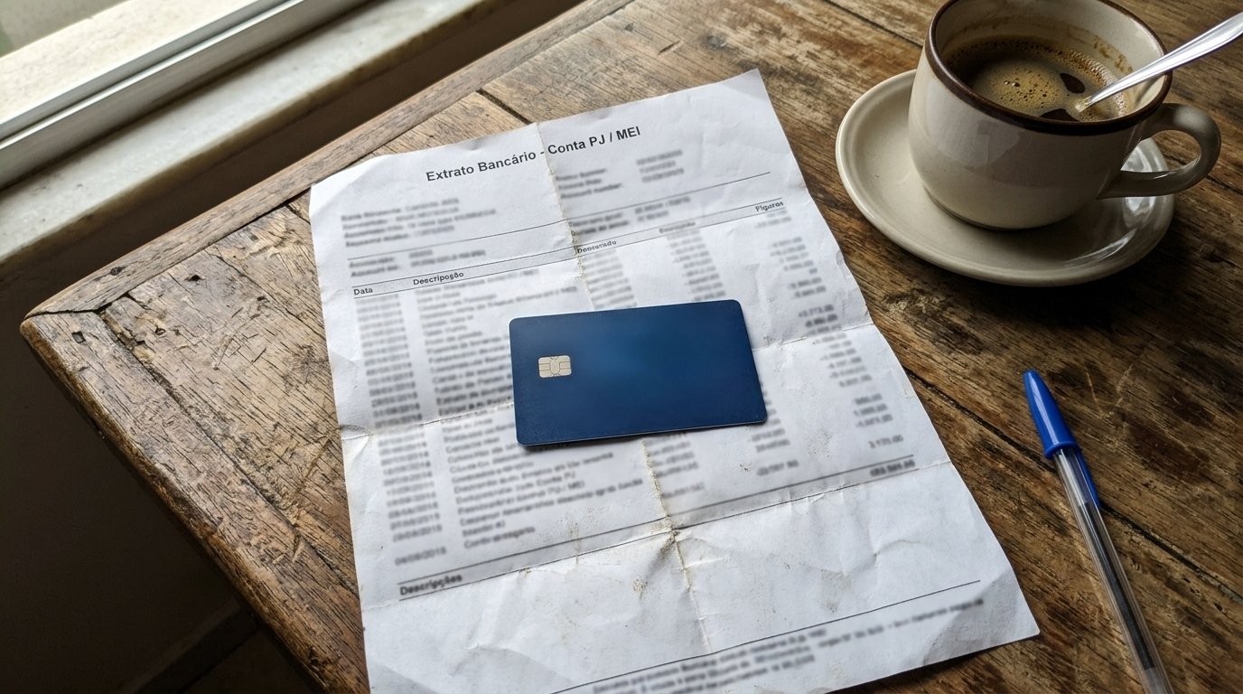 Extrato bancário impresso sobre a mesa com um cartão e uma caneta ao lado